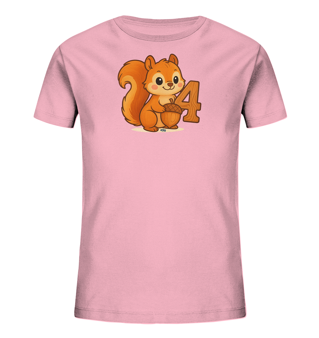 Onlineshop Shirts fuer Kinder - Das Bild zeigt ein hellrosafarbenes T-Shirt fuer Kinder. Auf der Vorderseite ist eine niedliche, cartoonartige Darstellung eines Eichhoernchens zu sehen, das eine Eichel haelt. Neben dem Eichhoernchen steht die Zahl Vier in einem passenden Braunton. Dieses Motiv verleiht dem Shirt einen verspielten und froehlichen Look.