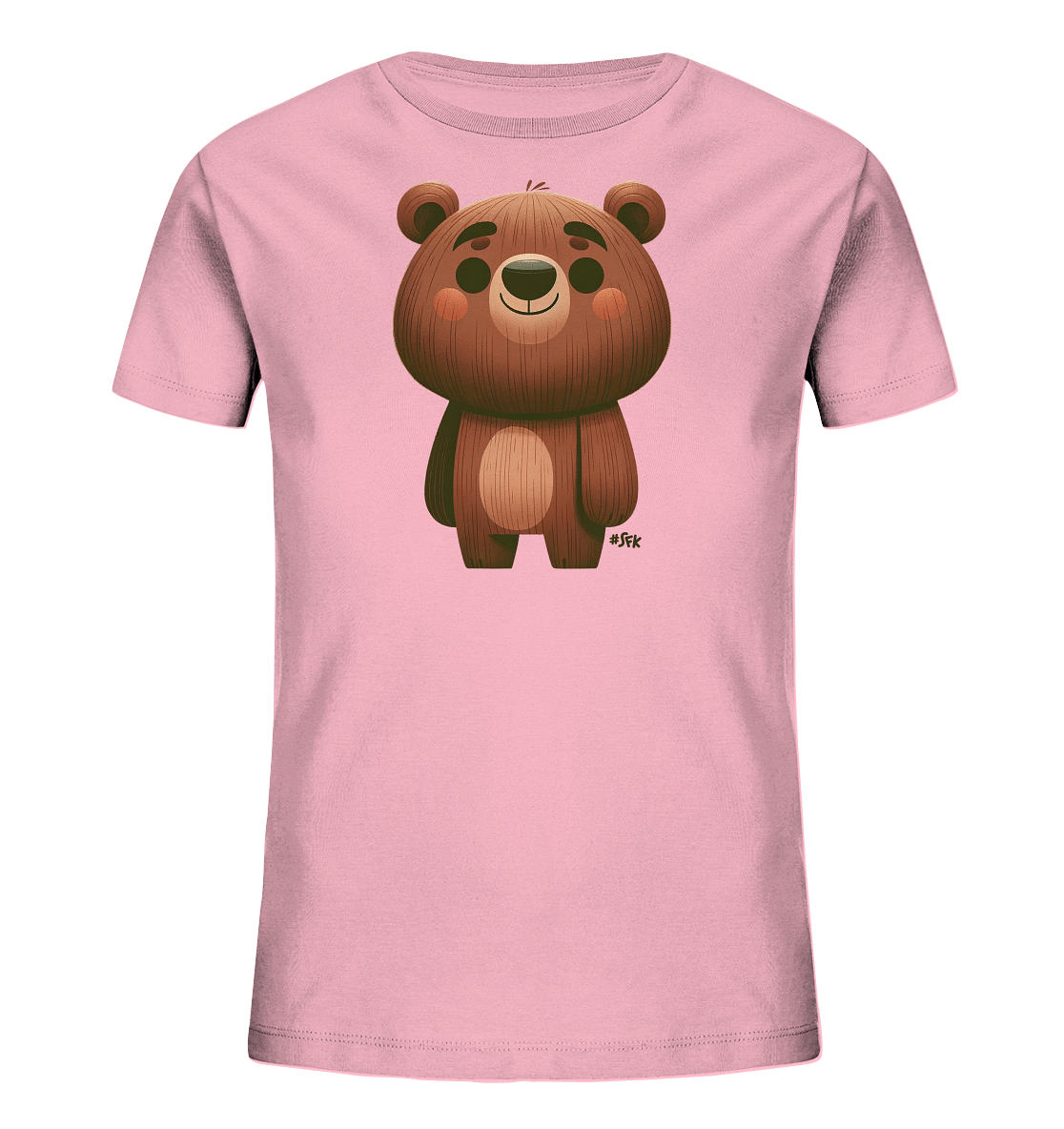 Onlineshop Shirts fuer Kinder - Das Bild zeigt ein hellrosa Kinder-T-Shirt. Auf der Vorderseite ist die Illustration eines freundlichen, braunen Baeren zu sehen. Der Baer hat runde Ohren, rosige Wangen und einen laechelnden Ausdruck. Das Design wirkt verspielt und charmant, ideal fuer Kinderkleidung.