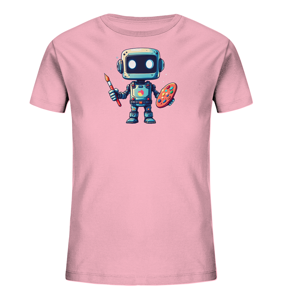 Onlineshop Shirts für Kinder - Das Bild präsentiert ein hellrosa Kinder-T-Shirt. Auf der Vorderseite ist eine farbige Illustration eines freundlichen Roboters abgebildet. Der Roboter hält eine Farbpalette und einen Pinsel in den Händen, was auf seine künstlerische Tätigkeit hinweist. Dieses liebevoll gestaltete Motiv verleiht dem T-Shirt eine kreative und verspielte Note.
