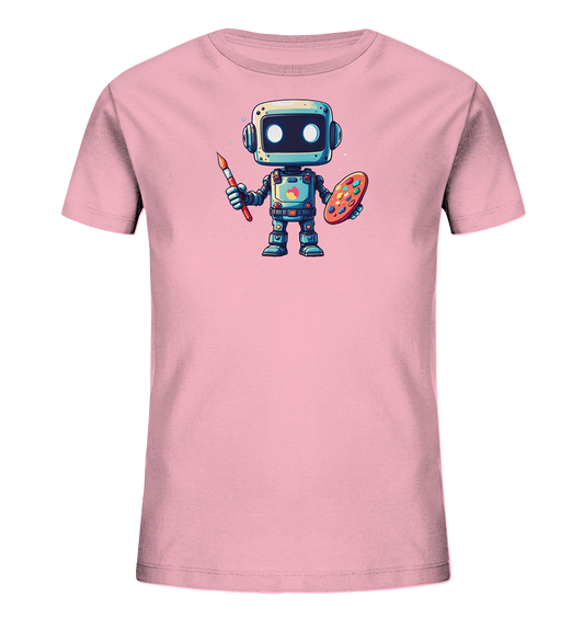Onlineshop Shirts für Kinder - Das Bild präsentiert ein hellrosa Kinder-T-Shirt. Auf der Vorderseite ist eine farbige Illustration eines freundlichen Roboters abgebildet. Der Roboter hält eine Farbpalette und einen Pinsel in den Händen, was auf seine künstlerische Tätigkeit hinweist. Dieses liebevoll gestaltete Motiv verleiht dem T-Shirt eine kreative und verspielte Note.