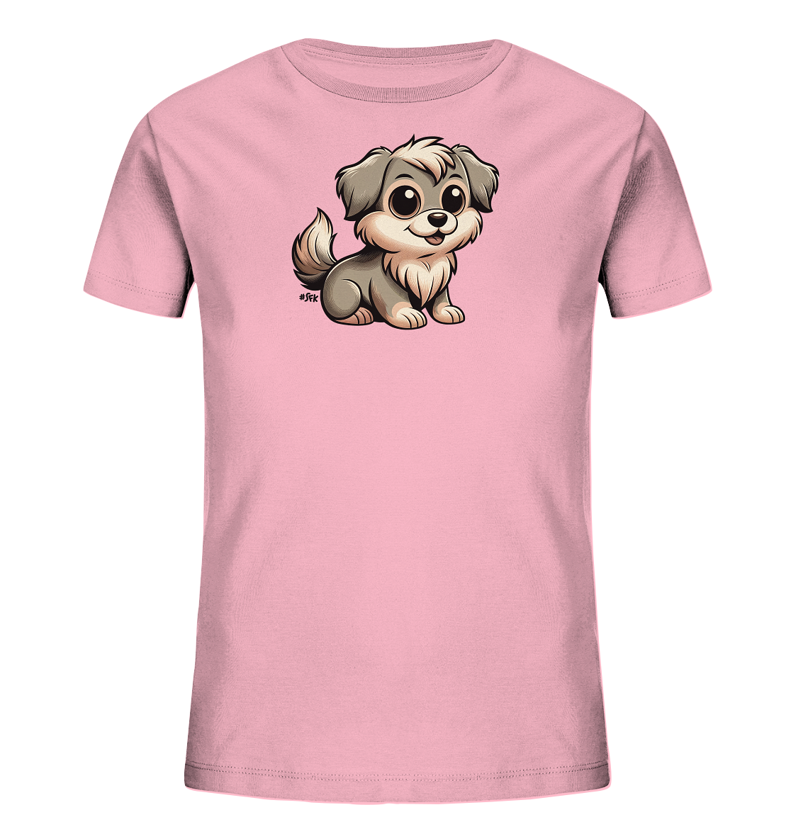 Onlineshop Shirts fuer Kinder - Das Bild zeigt ein hellrosafarbenes T-Shirt fuer Kinder. Auf der Vorderseite ist eine niedliche Illustration eines sitzenden Hundes zu sehen. Der Cartoon-Hund hat graues Fell, helle Akzente und grosse, freundliche Augen. Er sitzt laechelnd da und blickt nach vorne.