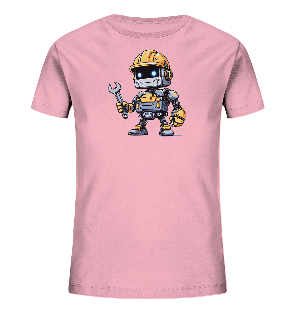 Onlineshop Shirts für Kinder - Das Bild zeigt ein hellrosa T-Shirt für Kinder mit einem cartoonhaften Aufdruck auf der Vorderseite. Der Aufdruck stellt einen freundlichen Roboter dar, der einen gelben Bauhelm trägt und in seiner linken Hand einen Schraubenschlüssel hält. Der Roboter hat einen grauen Körper mit gelben und orangefarbenen Details sowie leuchtende blaue Augen. Das Design ist detailliert und ansprechend, ideal für kleine Fans von Robotern und Technik.