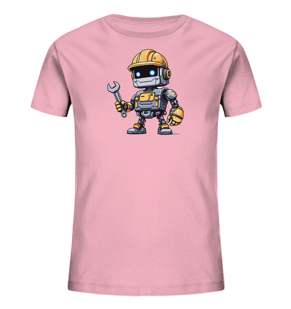 Onlineshop Shirts für Kinder - Das Bild zeigt ein hellrosa T-Shirt für Kinder mit einem cartoonhaften Aufdruck auf der Vorderseite. Der Aufdruck stellt einen freundlichen Roboter dar, der einen gelben Bauhelm trägt und in seiner linken Hand einen Schraubenschlüssel hält. Der Roboter hat einen grauen Körper mit gelben und orangefarbenen Details sowie leuchtende blaue Augen. Das Design ist detailliert und ansprechend, ideal für kleine Fans von Robotern und Technik.