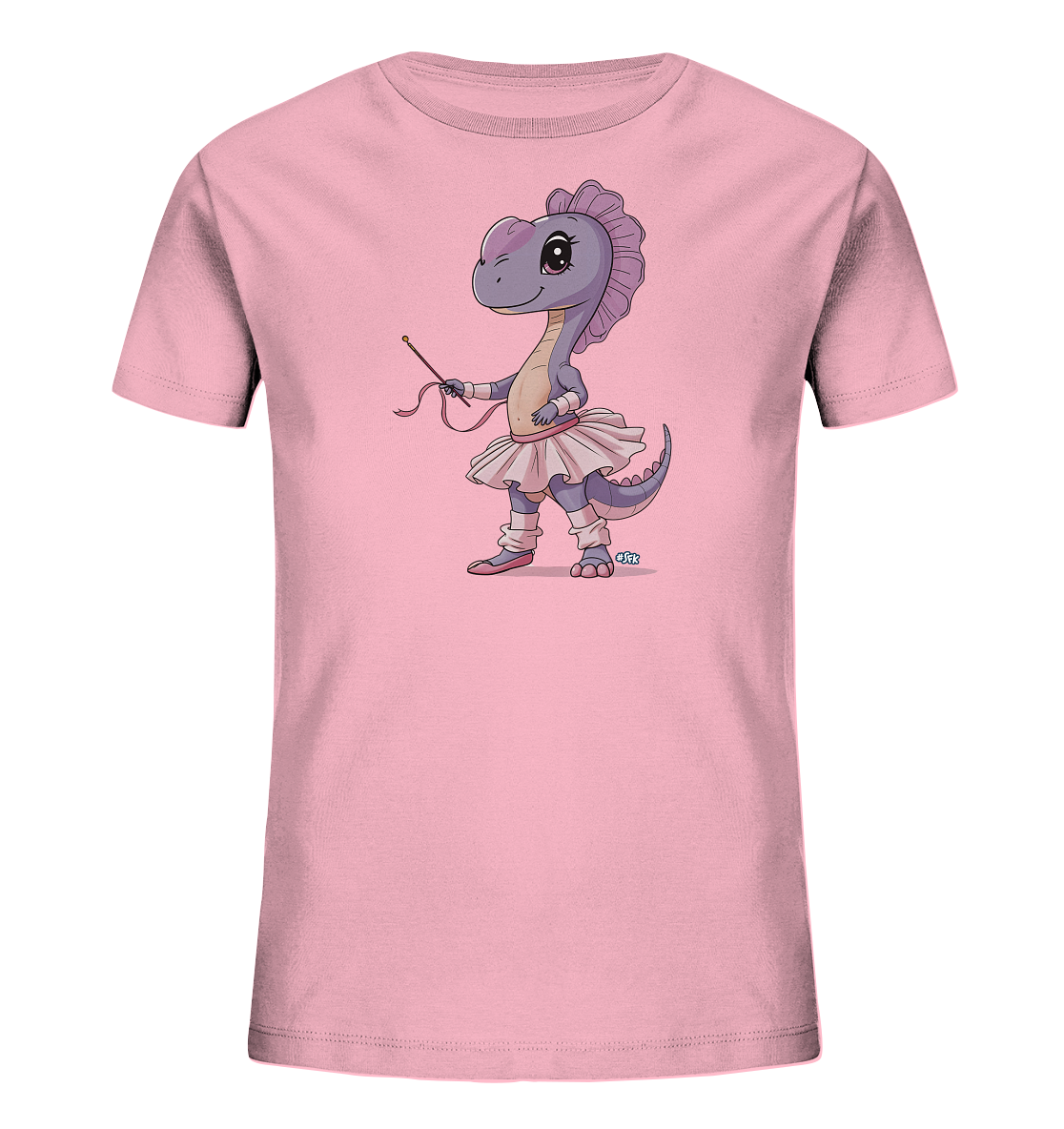 Onlineshop Shirts fuer Kinder - Dieses hellrosa Kinder T-Shirt zeigt eine suesse Cartoon-Illustration eines lila Dinosauriers. Der Dinosaurier ist als Ballerina gekleidet, traegt ein Tutu, Ballett-Schuhe und haelt einen Zauberstab. Die Figur hat grosse, freundliche Augen und steht in einer taenzerischen Pose. Dieses Motiv verleiht dem Shirt einen verspielten Look.
