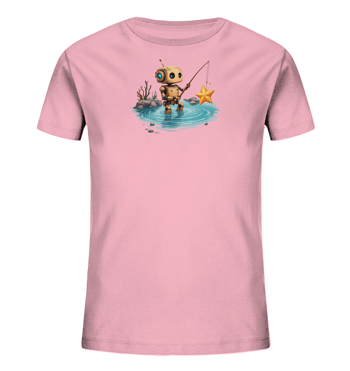 Onlineshop Shirts für Kinder - Das Bild zeigt ein T-Shirt in einem zarten Rosaton. Auf der Vorderseite ist eine detailreiche Illustration eines kleinen, goldenen Roboters abgebildet, der in einem kleinen Gewässer steht und mit einer Angel einen goldenen Stern aus dem Wasser fischt. Die Szene ist von grauen Steinen und einigen trockenen Pflanzen umgeben, was eine fantasievolle und ruhige Atmosphäre schafft. Die Grafik ist farbenfroh und wirkt verspielt, ideal für ein Kinder-T-Shirt.