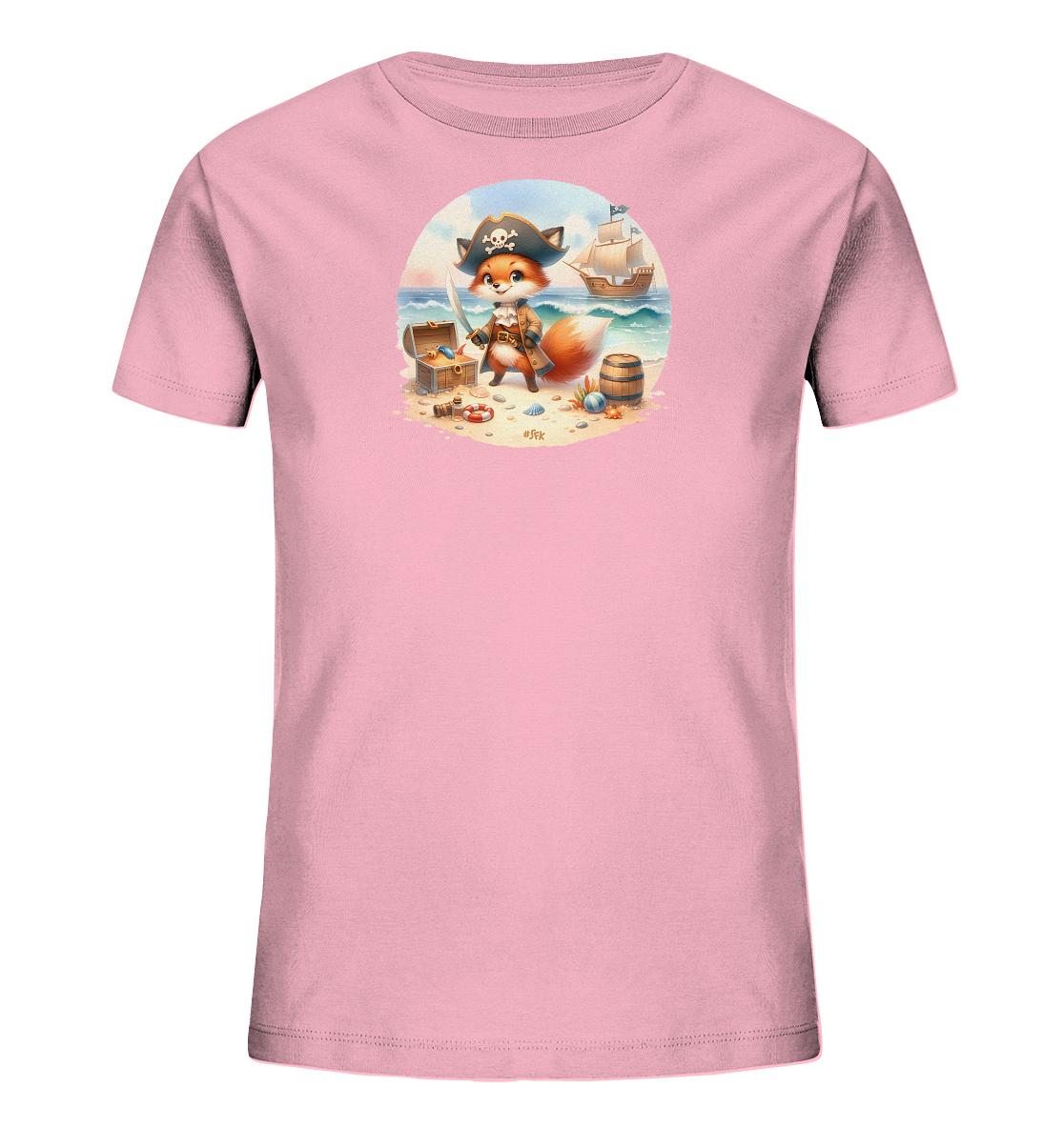 Onlineshop Shirts fuer Kinder - Das Bild zeigt ein hellrosa Kinder-T-Shirt mit einem runden Druckmotiv auf der Vorderseite. Das Motiv stellt einen niedlichen Fuchs im Piratenkostuem dar, der an einem Strand steht. Eine offene Schatztruhe, ein Fass und weitere Elemente der Piratenwelt sind ebenfalls zu sehen. Im Hintergrund ist ein Segelschiff auf dem Meer abgebildet.