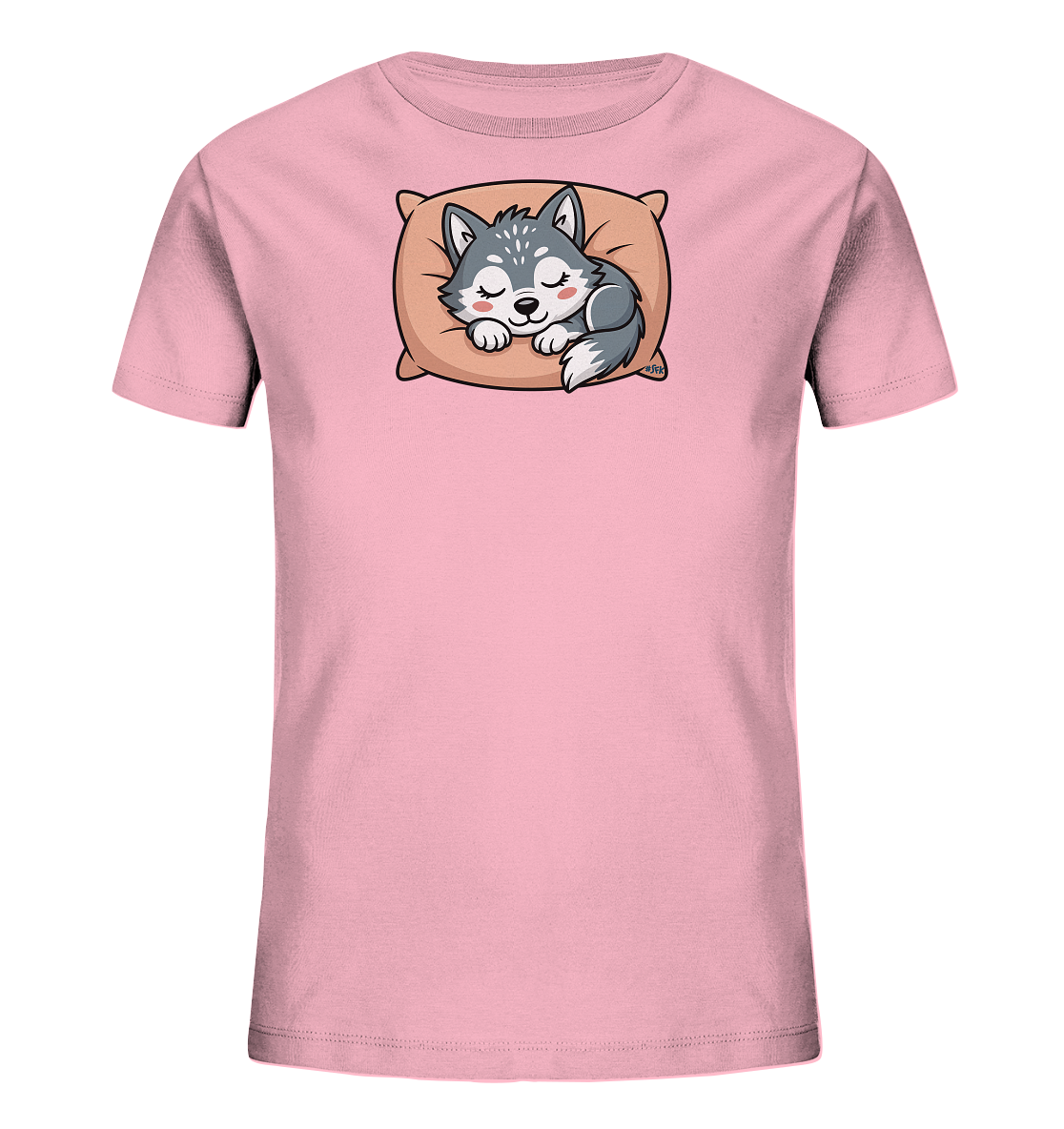 Onlineshop Shirts fuer Kinder - Das Bild zeigt ein hellrosa Kinder-T-Shirt mit einem niedlichen Aufdruck auf der Vorderseite. Darauf ist ein kleiner, schlafender Husky-Welpe zu sehen, der gemuetlich auf einem beigefarbenen Kissen liegt. Der Welpe hat graues Fell und weisse Akzente, seine Augen sind geschlossen und die Wangen rosig. Das Design verleiht dem T-Shirt einen friedlichen und herzerwaermenden Charakter.