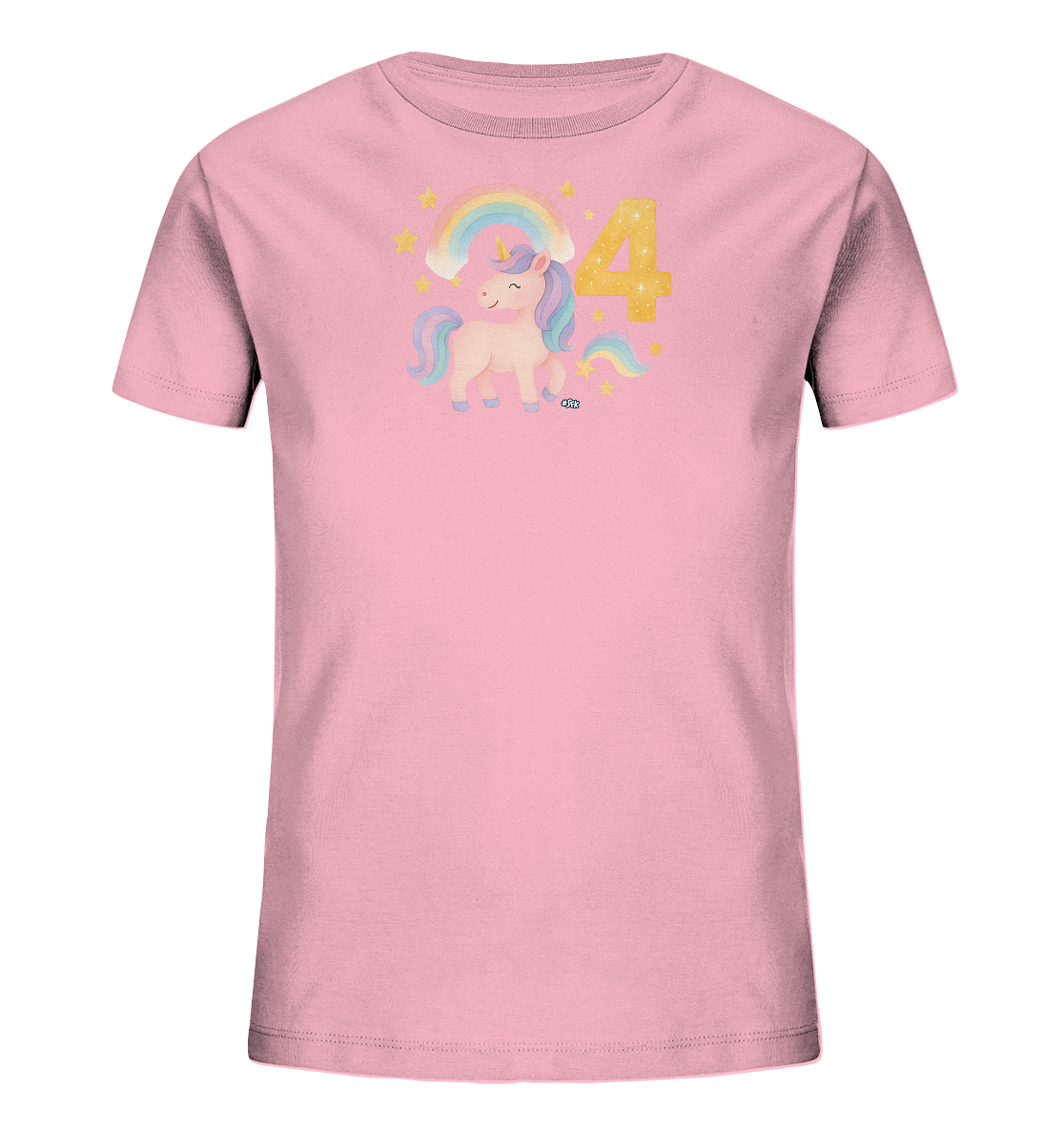 Onlineshop Shirts fuer Kinder - Das Bild zeigt ein hellrosafarbenes Kinder-T-Shirt mit einem niedlichen Aufdruck. Ein bezauberndes Einhorn mit bunter Maehne und Horn ist darauf abgebildet. Über dem Einhorn woelbt sich ein Regenbogen, umrahmt von funkelnden Sternen. Daneben steht die grosse Zahl '4' in einem goldgelben Farbton, was dem Shirt einen froehlichen Look verleiht.