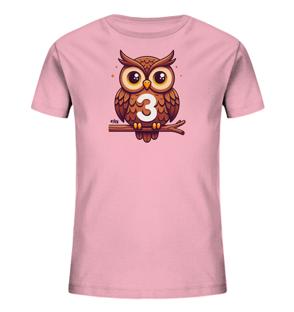 Kinder T-Shirt mit Cartoon-Eule auf Ast, großen Augen und Zahl 3