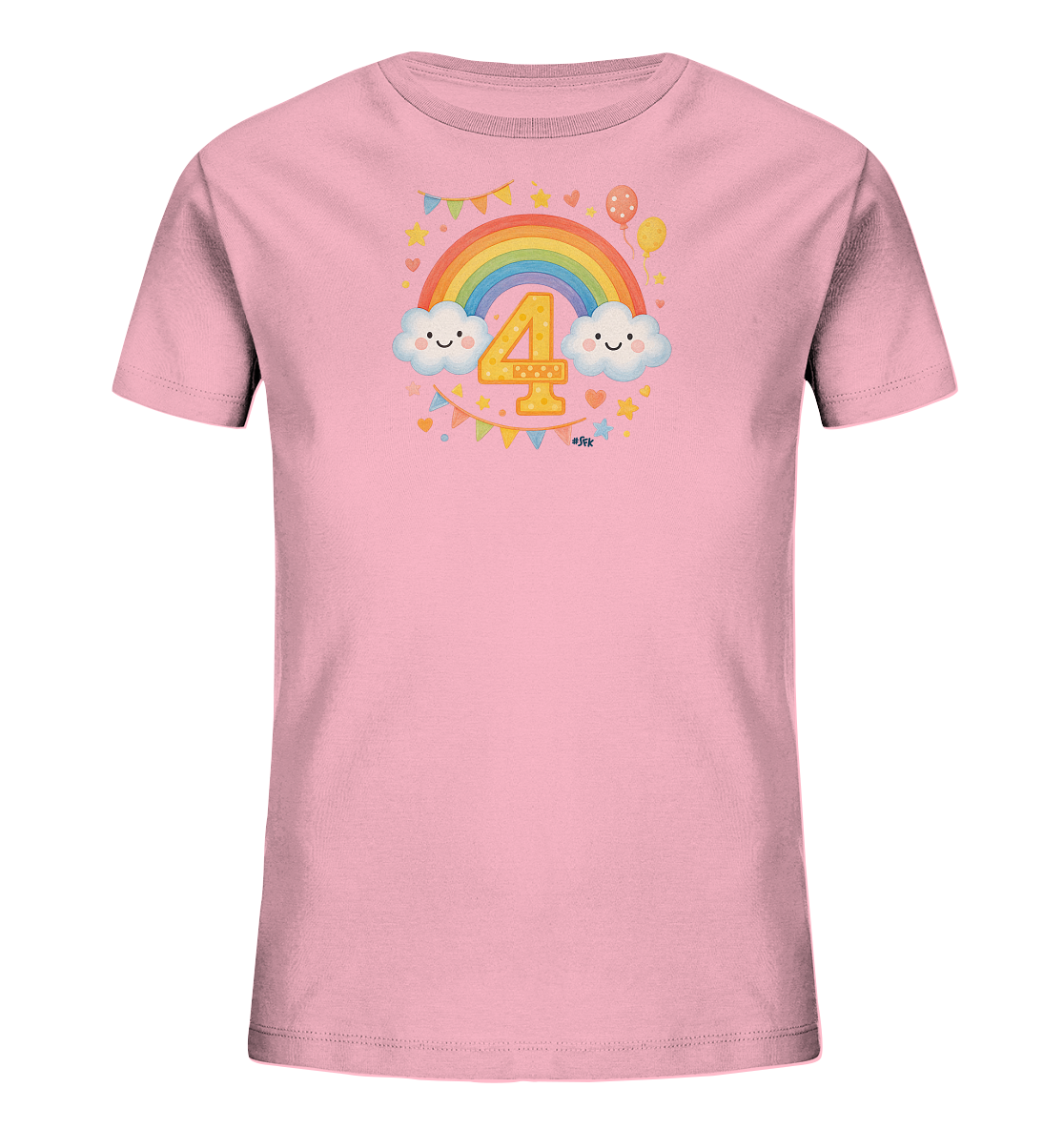 Onlineshop Shirts fuer Kinder - Das Bild zeigt ein rosa Kinder-T-Shirt mit einem froehlichen Druckmotiv auf der Vorderseite. Das Motiv umfasst einen bunten Regenbogen, zwei laechelnde Wolken und im Zentrum die Zahl '4'. Es ist zusaetzlich mit Sternen, Herzen, Ballons und einer kleinen Girlande verziert. Das Design wirkt festlich und farbenfroh.
