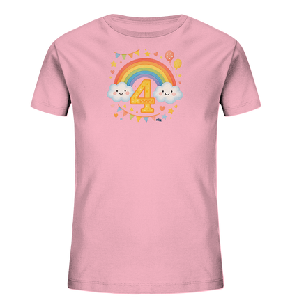 Onlineshop Shirts fuer Kinder - Das Bild zeigt ein rosa Kinder-T-Shirt mit einem froehlichen Druckmotiv auf der Vorderseite. Das Motiv umfasst einen bunten Regenbogen, zwei laechelnde Wolken und im Zentrum die Zahl '4'. Es ist zusaetzlich mit Sternen, Herzen, Ballons und einer kleinen Girlande verziert. Das Design wirkt festlich und farbenfroh.
