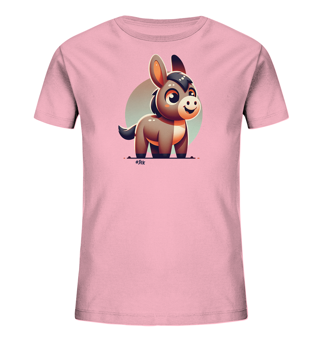 Onlineshop Shirts fuer Kinder - Das Bild zeigt ein rosafarbenes T-Shirt fuer Kinder. Auf der Vorderseite ist ein niedlicher, cartoonhafter Esel abgebildet. Der Esel hat grosse Augen, ein freundliches Laecheln und steht auf einer Linie vor einem hellen Kreis im Hintergrund. Das Design wirkt verspielt und ansprechend.