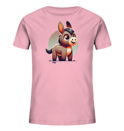 Onlineshop Shirts fuer Kinder - Das Bild zeigt ein rosafarbenes T-Shirt fuer Kinder. Auf der Vorderseite ist ein niedlicher, cartoonhafter Esel abgebildet. Der Esel hat grosse Augen, ein freundliches Laecheln und steht auf einer Linie vor einem hellen Kreis im Hintergrund. Das Design wirkt verspielt und ansprechend.