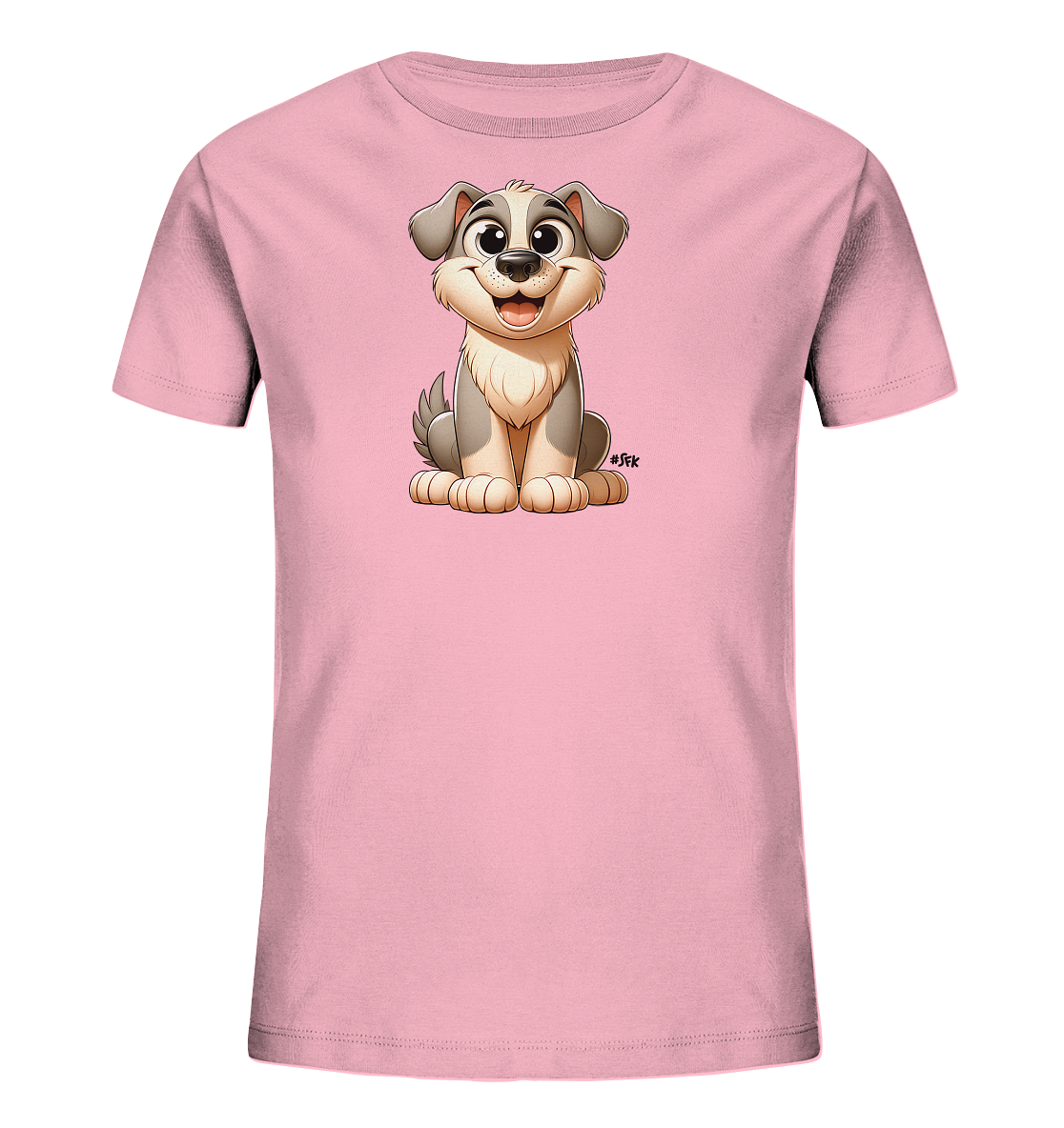 Onlineshop Shirts fuer Kinder - Das Bild zeigt ein hellrosa Kinder-T-Shirt. Auf der Vorderseite ist eine niedliche, cartoonhafte Illustration eines sitzenden Welpen. Der Welpe hat grosse Augen, graues und beiges Fell und laechelt freundlich. Dieses Design verleiht dem Shirt einen froehlichen Charakter.