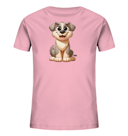 Onlineshop Shirts fuer Kinder - Das Bild zeigt ein hellrosa Kinder-T-Shirt. Auf der Vorderseite ist eine niedliche, cartoonhafte Illustration eines sitzenden Welpen. Der Welpe hat grosse Augen, graues und beiges Fell und laechelt freundlich. Dieses Design verleiht dem Shirt einen froehlichen Charakter.