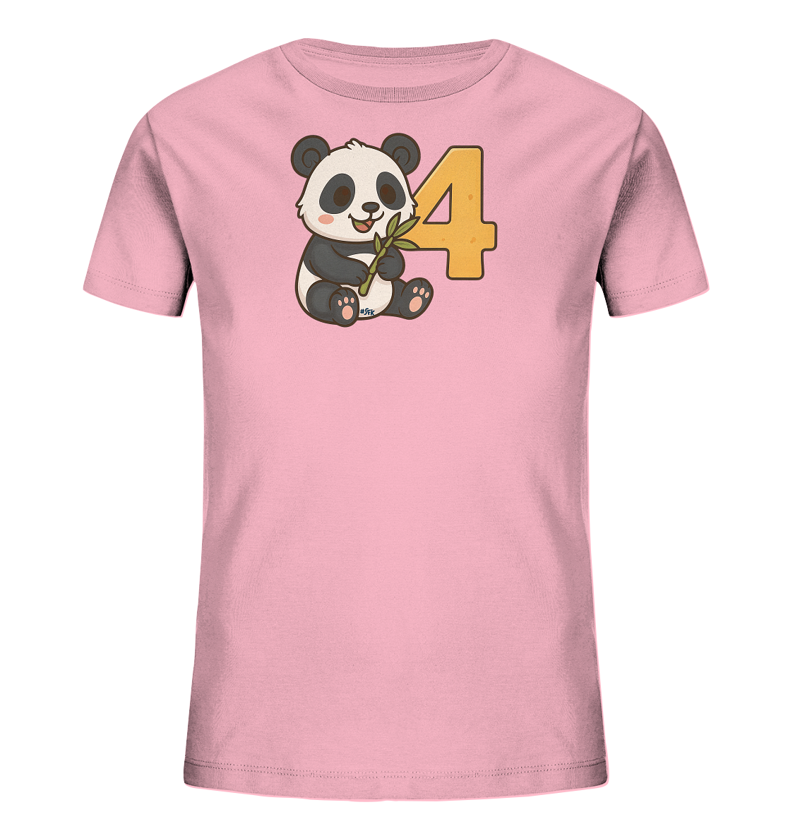 Onlineshop Shirts fuer Kinder - Das Bild zeigt ein rosafarbenes T-Shirt fuer Kinder. Auf der Vorderseite ist eine niedliche Cartoon-Illustration eines Pandas zu sehen. Der Panda sitzt und haelt einen Bambuszweig in den Pfoten. Neben dem Panda steht eine grosse, orangefarbene Zahl '4'.