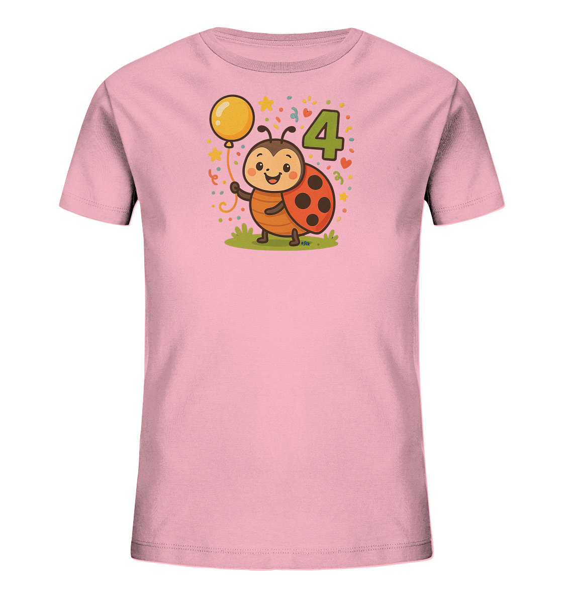 Onlineshop Shirts fuer Kinder - Das Bild zeigt ein hellrosa Kinder-T-Shirt mit einem froehlichen Motiv auf der Vorderseite. Eine niedliche, cartoonhafte Marienkaefer-Figur haelt einen gelben Ballon. Neben dem Marienkaefer ist die gruene Zahl '4' abgebildet. Sterne, Herzen und Konfetti umgeben das Design und verleihen ihm einen festlichen Charakter.