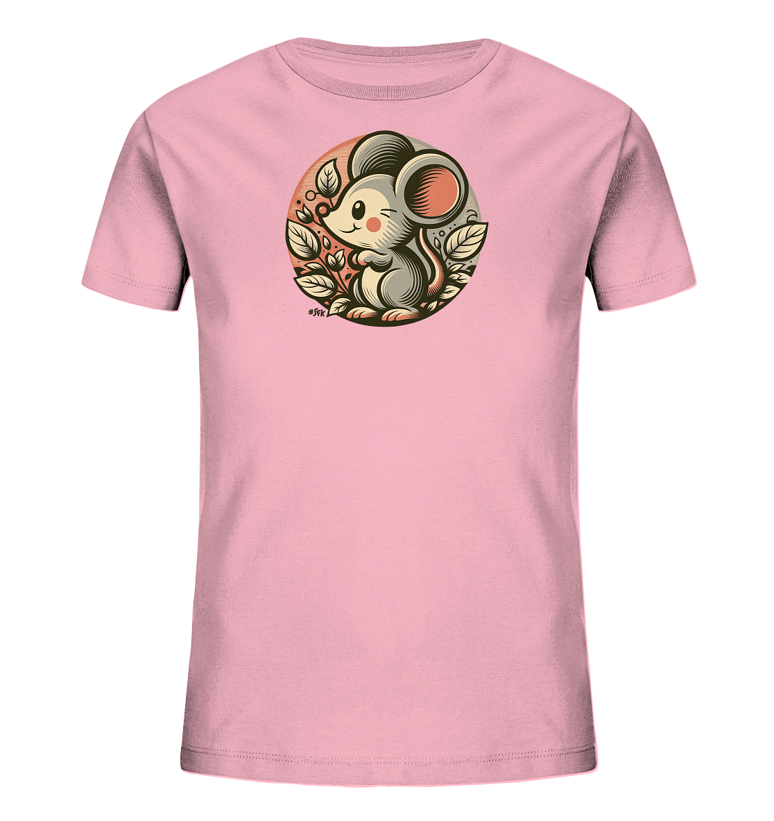 Onlineshop Shirts fuer Kinder - Das Bild zeigt ein rosa Kinder T-Shirt mit einem runden Grafikmotiv auf der Vorderseite. Die Grafik stellt eine suesse, cartoonhafte Maus in Grau mit pinken Ohren dar, die freundlich zwinkernd inmitten von Blaetterranken sitzt. Das Motiv ist in einem Kreis mit gestreiftem Hintergrund platziert. Das Design ist verspielt und ansprechend fuer Kinder.
