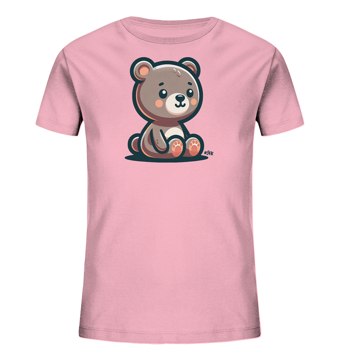 Onlineshop Shirts fuer Kinder - Das Bild zeigt ein hellrosa Kinder-T-Shirt. Im Zentrum der Vorderseite ist eine niedliche Illustration eines sitzenden Baeren platziert. Der Baer hat braunes Fell, rosafarbene Wangen und einen freundlichen, laechelnden Ausdruck. Das Design wirkt verspielt und ist ideal fuer Kinder.
