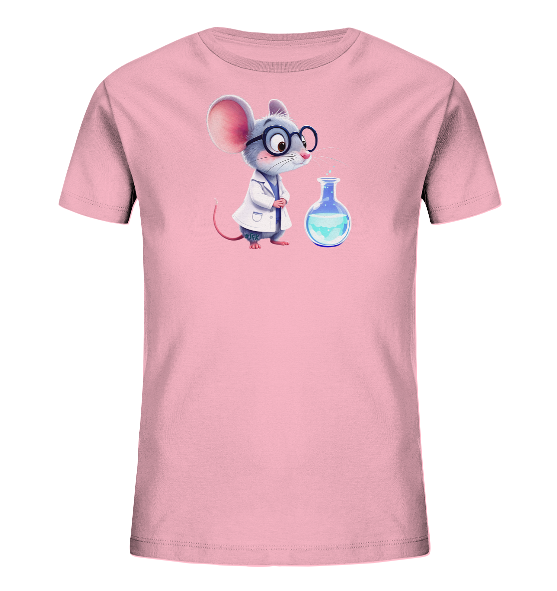 Onlineshop Shirts fuer Kinder - Das Bild zeigt ein hellrosa Kinder-T-Shirt mit einem niedlichen Cartoon-Motiv einer Maus. Die Maus traegt einen weissen Laborkittel und eine Brille und blickt aufmerksam auf eine blaue Fluessigkeit in einem Erlenmeyerkolben. Das Design verleiht dem Shirt einen spielerischen wissenschaftlichen Touch, ideal fuer kleine Entdecker.