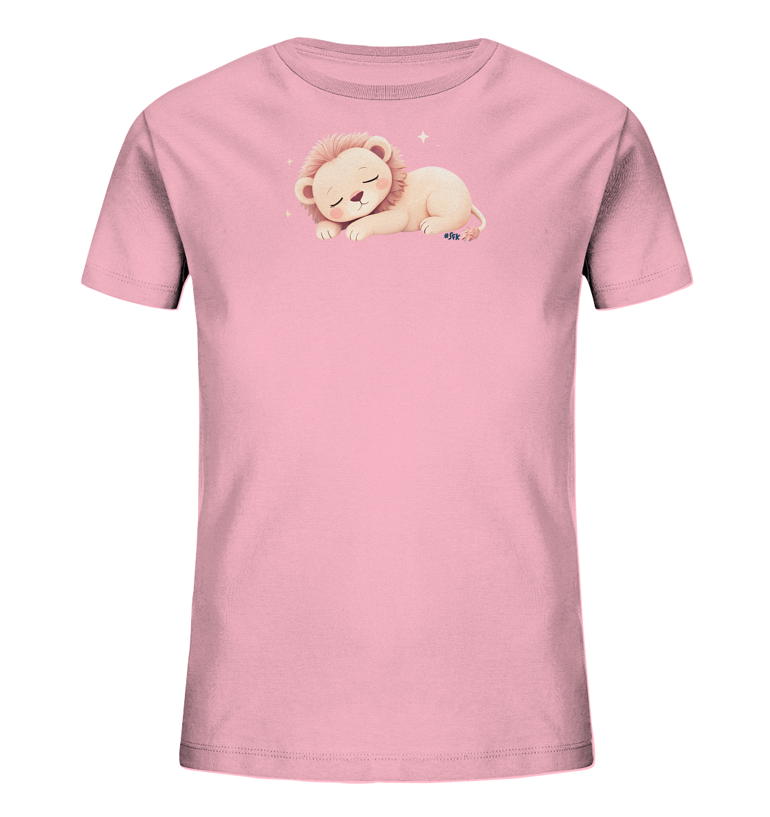 Onlineshop Shirts fuer Kinder - Das Bild zeigt ein hellrosa Kinder-T-Shirt. Auf der Vorderseite ist eine niedliche Illustration eines schlafenden Loewenbabys zu sehen. Der Loewe hat geschlossene Augen und eine zarte Maehne, umgeben von kleinen Glitzerdetails. Das Design wirkt beruhigend und verspielt.