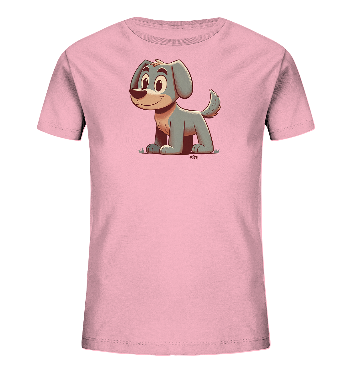 Onlineshop Shirts fuer Kinder - Das Bild zeigt ein Kinder-T-Shirt in hellem Rosa. Auf der Vorderseite ist eine niedliche, cartoonartige Illustration eines Hundes zu sehen. Der Hund hat graues Fell, sitzt aufrecht und laechelt freundlich, ergaenzt durch eine kleine Rasenflaeche. Das Design wirkt froehlich und ansprechend fuer Kinderkleidung.