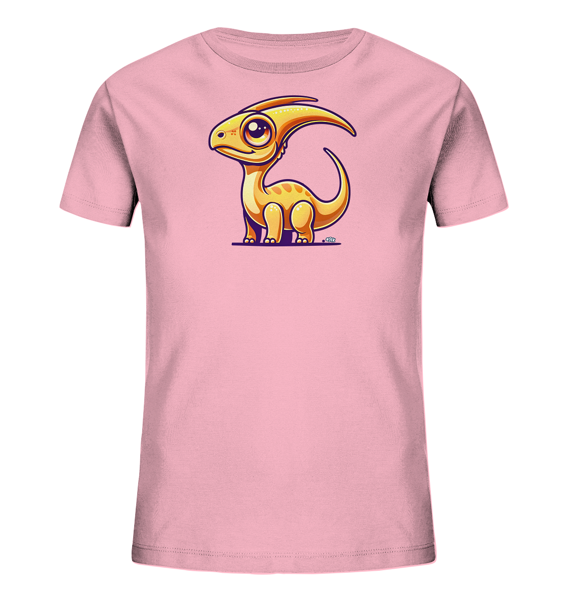 Onlineshop Shirts fuer Kinder - Das Bild zeigt ein hellrosa T-Shirt fuer Kinder. Auf der Vorderseite ist ein niedlicher, cartoonhafter Dinosaurier mit einem markanten Kopfkamm abgebildet. Der kleine orangefarbene Dino hat grosse Augen und steht auf einer lilafarbenen Linie. Das verspielte Design verleiht dem Shirt einen froehlichen Look.