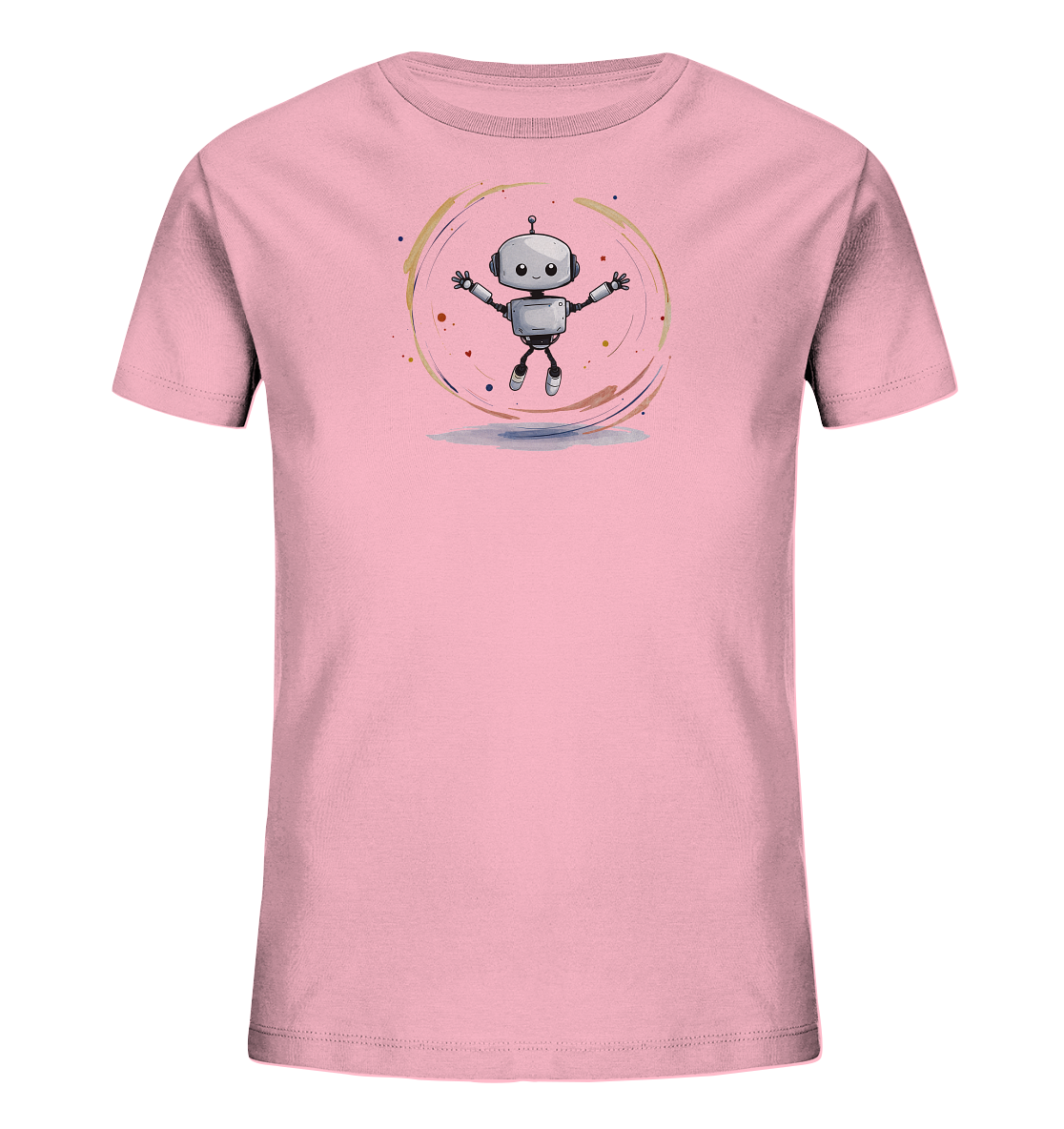 Onlineshop Shirts für Kinder - Das Bild zeigt ein kurzärmeliges Kinder-T-Shirt in einem zarten Rosa-Ton. Auf der Vorderseite ist mittig ein Druckmotiv platziert, das einen kleinen, freundlich aussehenden Cartoon-Roboter darstellt. Der Roboter, in Grautönen gehalten, schwebt oder springt mit ausgestreckten Armen innerhalb eines kreisförmigen, bunten Pinselstrich-Designs. Kleine Farbspritzer umgeben das Motiv und verleihen dem Druck einen lebendigen, künstlerischen Charakter.