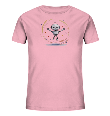Onlineshop Shirts für Kinder - Das Bild zeigt ein kurzärmeliges Kinder-T-Shirt in einem zarten Rosa-Ton. Auf der Vorderseite ist mittig ein Druckmotiv platziert, das einen kleinen, freundlich aussehenden Cartoon-Roboter darstellt. Der Roboter, in Grautönen gehalten, schwebt oder springt mit ausgestreckten Armen innerhalb eines kreisförmigen, bunten Pinselstrich-Designs. Kleine Farbspritzer umgeben das Motiv und verleihen dem Druck einen lebendigen, künstlerischen Charakter.