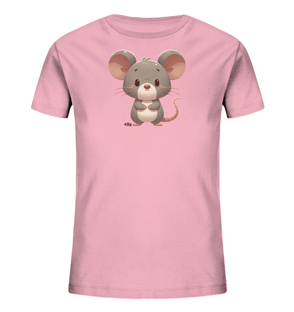 Onlineshop Shirts für Kinder - Das Bild zeigt ein kurzärmeliges T-Shirt für Kinder in einem zarten Rosa. Auf der Vorderseite ist eine charmante, cartoonhafte Abbildung einer kleinen grauen Maus zentral platziert. Die Maus steht auf den Hinterbeinen, hält ihre Vorderpfoten zusammen und hat große, runde Ohren sowie ausdrucksstarke Augen und Wangen. Am unteren Rand der Illustration befindet sich ein kleines, stilisiertes Textzeichen. Das Design wirkt freundlich und ansprechend für Kinder.