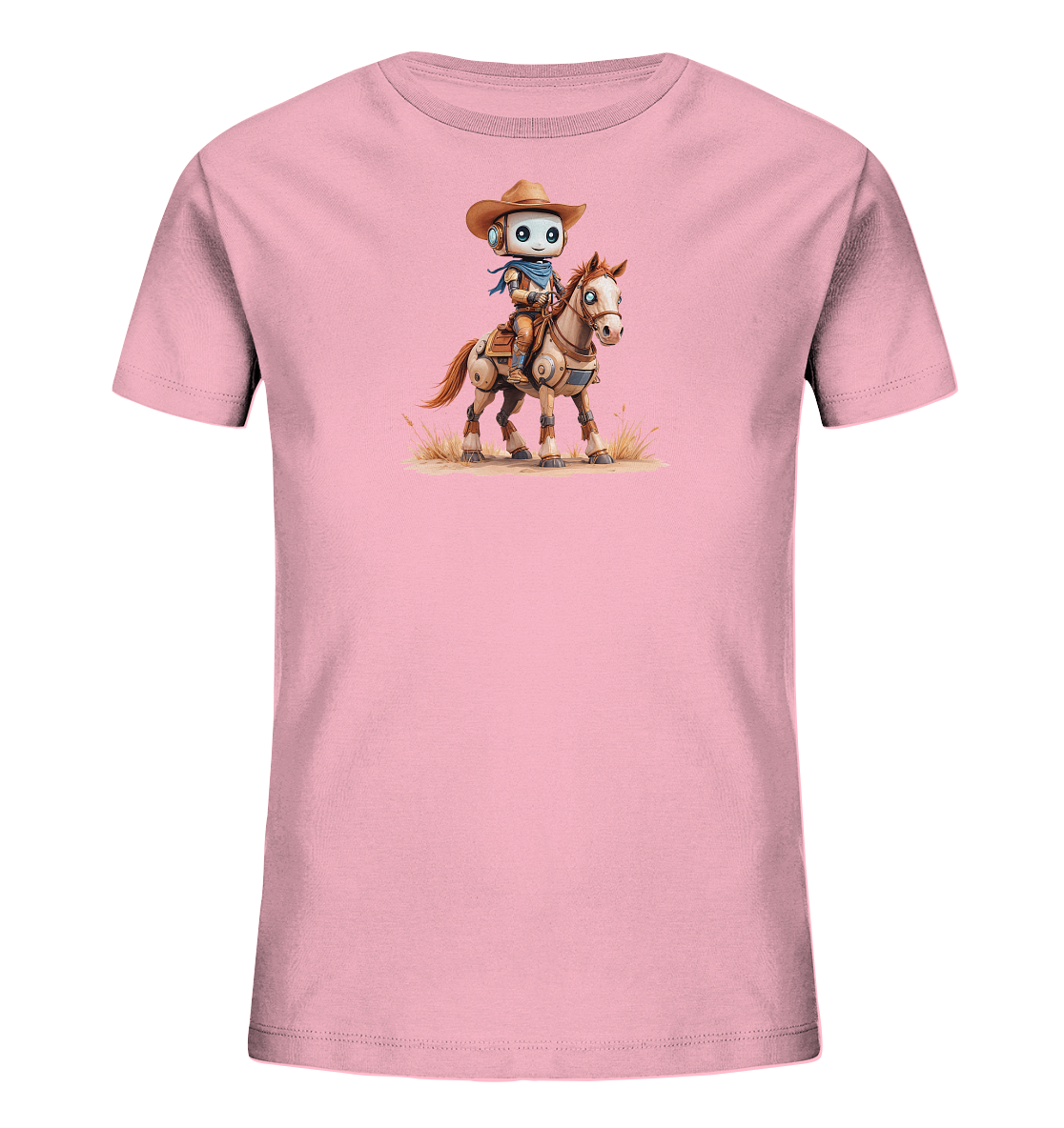 Onlineshop Shirts für Kinder - Das Bild zeigt ein Kinder-T-Shirt in einem zarten Rosa. Auf der Vorderseite befindet sich eine farbenfrohe Illustration eines Roboters, der als Cowboy gekleidet ist. Der Roboter mit Hut und blauem Halstuch reitet auf einem Pferd, das ebenfalls mechanische Details aufweist, in einer Szene, die an eine Westernlandschaft erinnert. Die Grafik ist detailliert und im Stil einer Kinderbuchillustration gehalten.