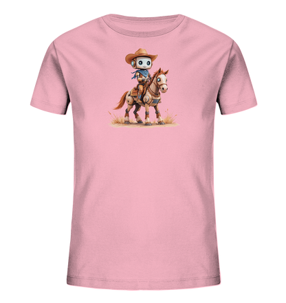 Onlineshop Shirts für Kinder - Das Bild zeigt ein Kinder-T-Shirt in einem zarten Rosa. Auf der Vorderseite befindet sich eine farbenfrohe Illustration eines Roboters, der als Cowboy gekleidet ist. Der Roboter mit Hut und blauem Halstuch reitet auf einem Pferd, das ebenfalls mechanische Details aufweist, in einer Szene, die an eine Westernlandschaft erinnert. Die Grafik ist detailliert und im Stil einer Kinderbuchillustration gehalten.