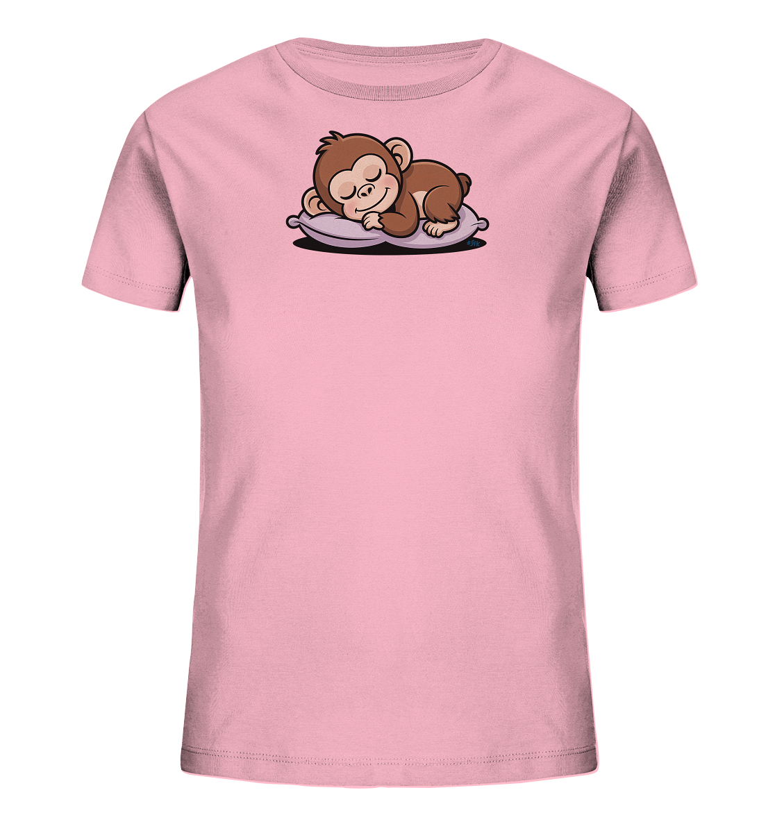 Onlineshop Shirts fuer Kinder - Das Bild zeigt ein rosafarbenes T-Shirt fuer Kinder mit einem niedlichen Tiermotiv auf der Vorderseite. Darauf ist ein schlafendes, braunes Äffchen abgebildet, das gemuetlich auf einem lila Kissen liegt. Das Äffchen hat geschlossene Augen und wirkt friedlich und entspannt. Das Design verleiht dem Shirt einen sanften und beruhigenden Charakter.