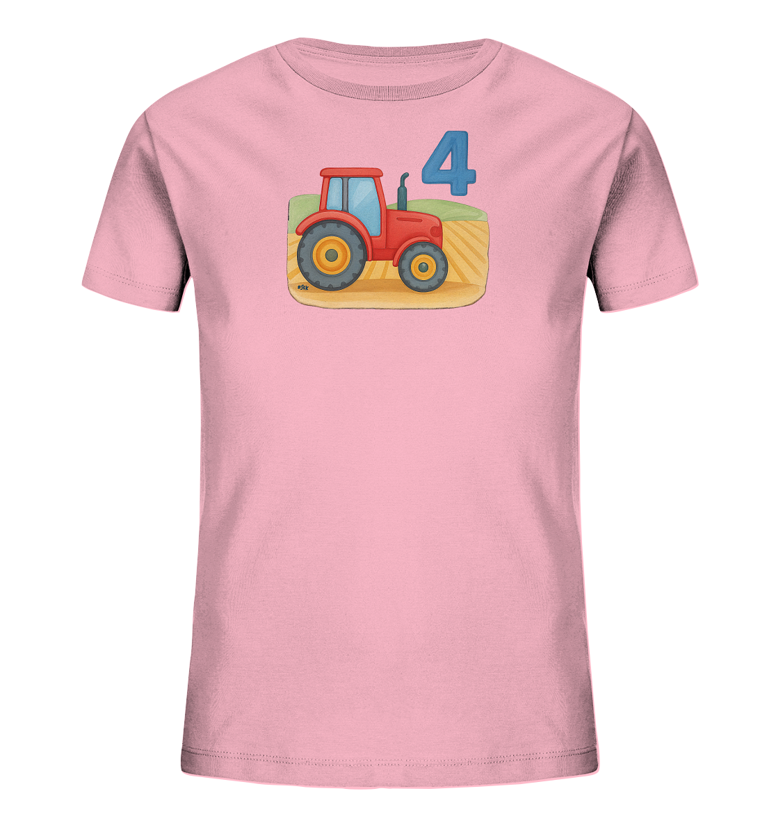 Onlineshop Shirts fuer Kinder - Das Bild zeigt ein hellrosafarbenes T-Shirt fuer Kinder. Auf der Vorderseite ist eine Illustration eines roten Traktors mit gelben Raedern abgebildet. Der Traktor steht auf einer Flaeche, die ein Feld mit braun-gelben Furchen und einem gruenen Huegel darstellt. Daneben ist die blaue Zahl '4' zu sehen.