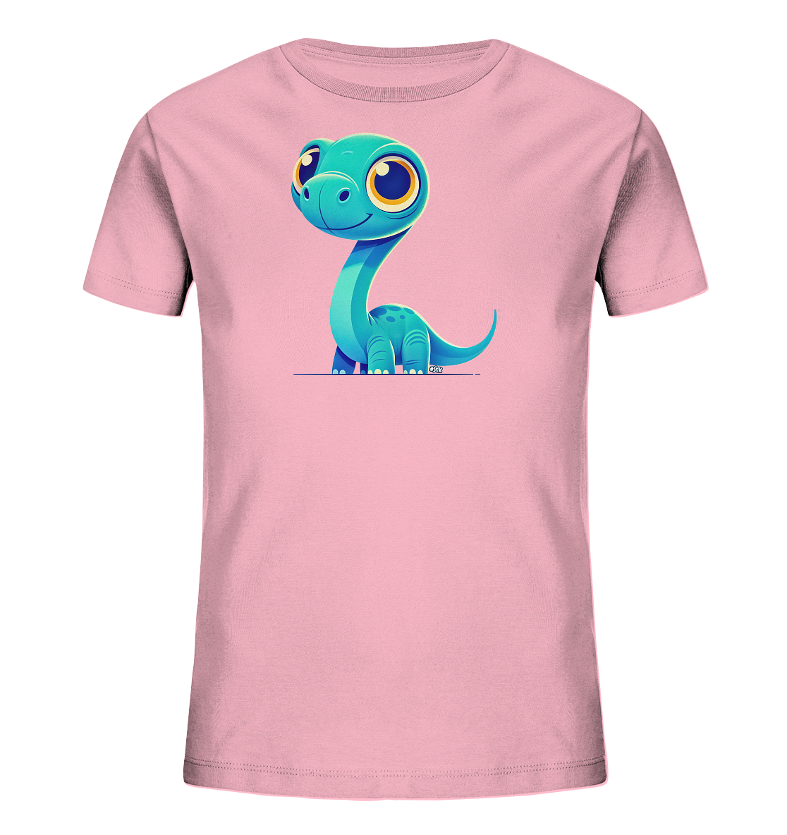 Onlineshop Shirts für Kinder - Das Bild zeigt ein hellrosafarbenes Kinder-T-Shirt mit einem auffälligen Aufdruck auf der Vorderseite. Der Aufdruck stellt einen freundlich aussehenden, cartoonhaften Dinosaurier dar. Der Dinosaurier ist in einem leuchtenden Türkisblau gehalten, hat große gelbe Augen und sitzt auf einer dünnen, horizontalen Linie. Dieses Design verleiht dem T-Shirt einen verspielten und ansprechenden Charakter, ideal für jüngere Träger.