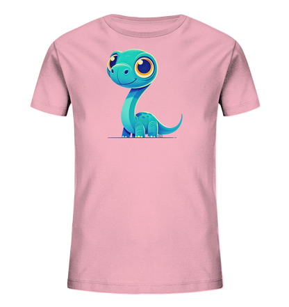 Onlineshop Shirts für Kinder - Das Bild zeigt ein hellrosafarbenes Kinder-T-Shirt mit einem auffälligen Aufdruck auf der Vorderseite. Der Aufdruck stellt einen freundlich aussehenden, cartoonhaften Dinosaurier dar. Der Dinosaurier ist in einem leuchtenden Türkisblau gehalten, hat große gelbe Augen und sitzt auf einer dünnen, horizontalen Linie. Dieses Design verleiht dem T-Shirt einen verspielten und ansprechenden Charakter, ideal für jüngere Träger.