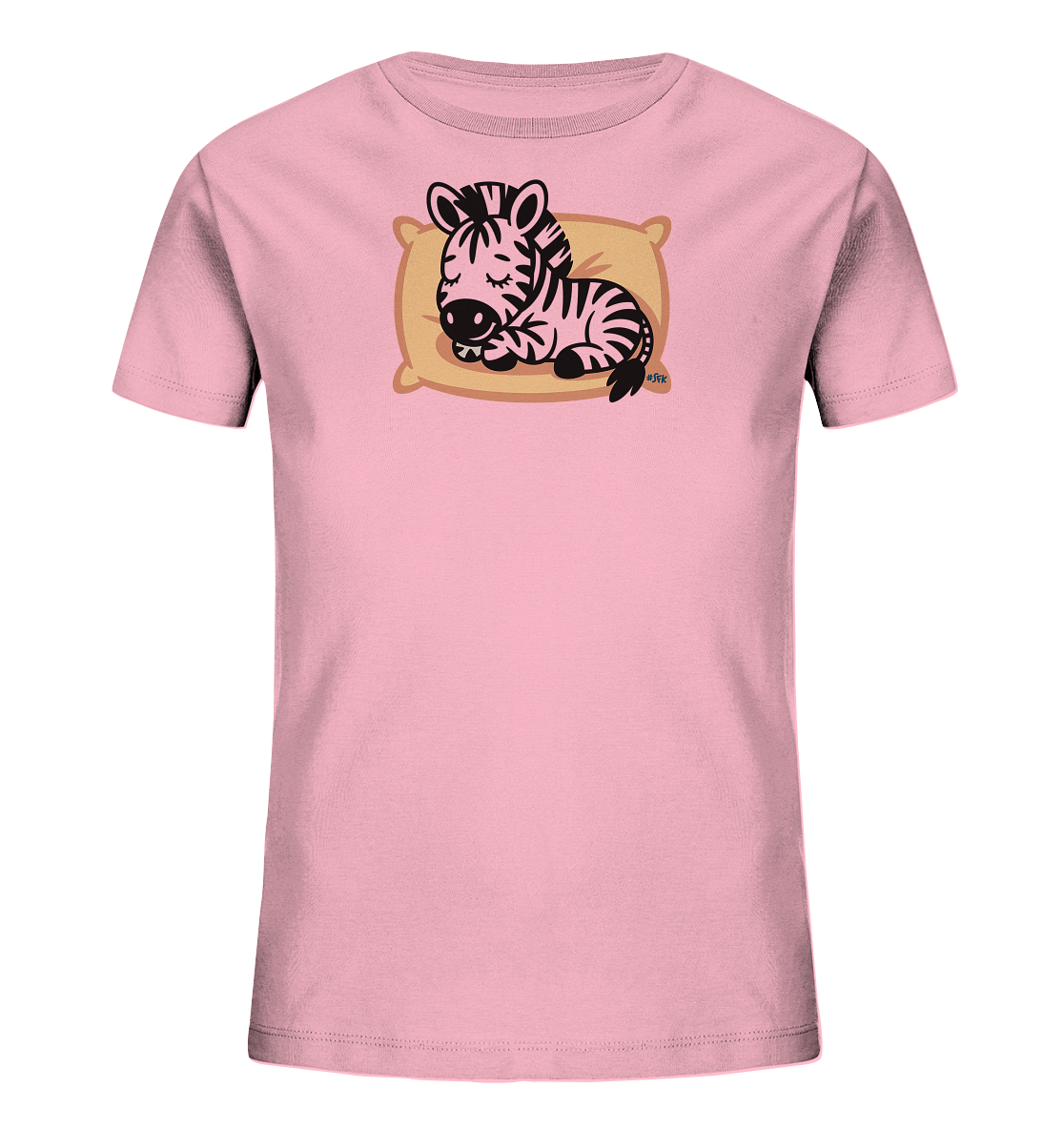 Onlineshop Shirts fuer Kinder - Das Bild zeigt ein hellrosa Kinder-T-Shirt. Auf der Vorderseite ist ein niedliches, cartoonartiges Zebra abgebildet, das friedlich schlaeft. Das Zebra liegt auf einem weichen, hellbraunen Kissen und hat die Augen sanft geschlossen. Dieses Design verleiht dem Shirt einen ruhigen und liebenswerten Charakter, ideal fuer Kinder.