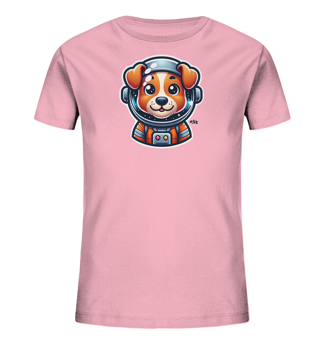 Onlineshop Shirts fuer Kinder - Das Bild zeigt ein rosafarbenes T-Shirt fuer Kinder mit einem liebevollen Aufdruck auf der Vorderseite. Zu sehen ist die Illustration eines Hundes in einem detaillierten Astronautenhelm. Der Hund hat grosse, freundliche Augen und traegt einen Teil eines orangefarbenen Raumanzugs. Das Motiv ist farbenfroh und im Comic-Stil gestaltet.