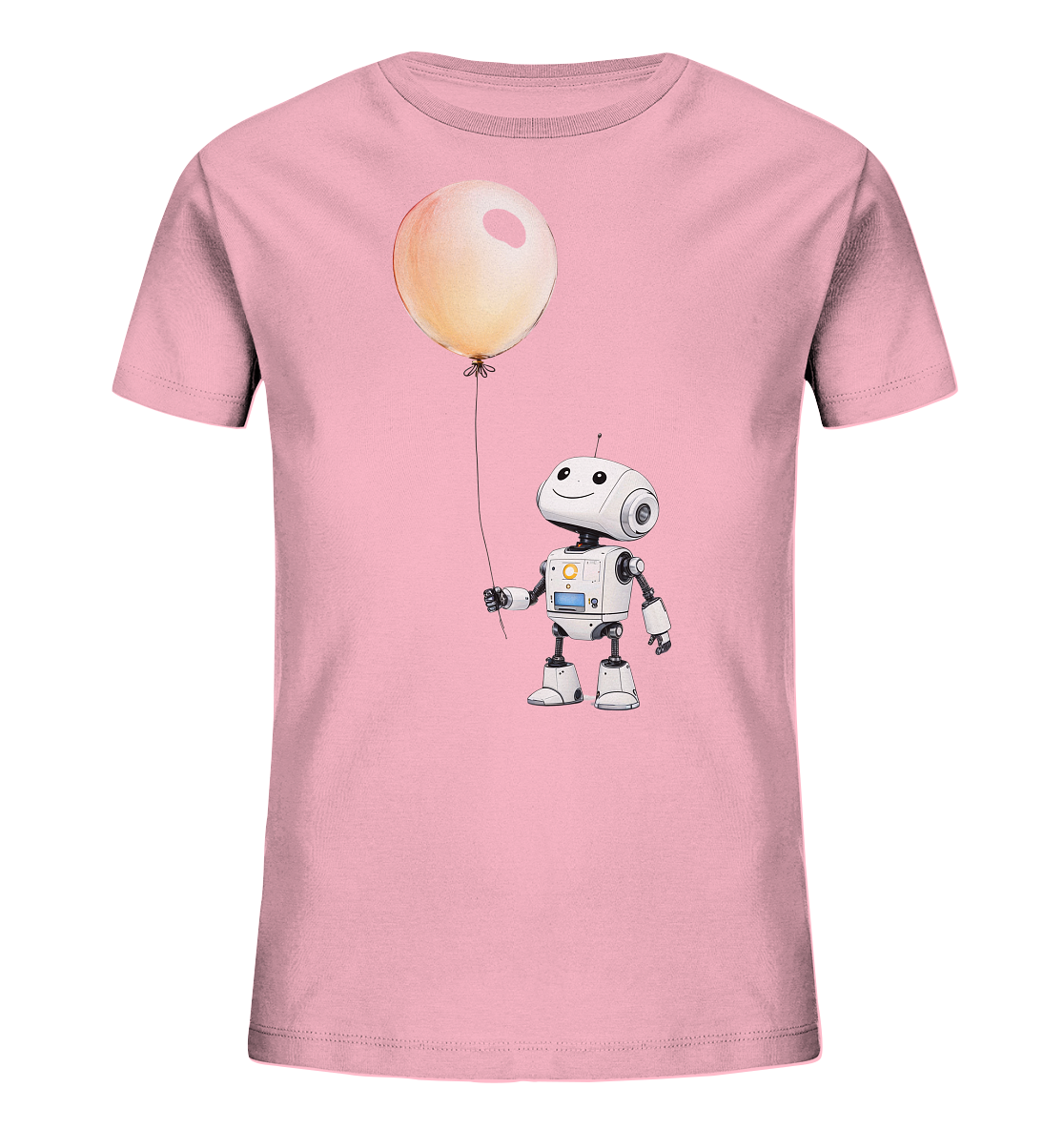 Onlineshop Shirts für Kinder - Das Bild zeigt ein kurzärmeliges T-Shirt für Kinder in einem zarten Rosaton. Auf der Vorderseite ist eine niedliche Illustration eines kleinen weißen Roboters abgebildet, der freundlich lächelt und einen großen, hellorangen Ballon an einer Schnur hält. Der Roboter hat runde Augen, Antennen auf dem Kopf und ein Display auf der Brust. Das Design wirkt verspielt und ansprechend.