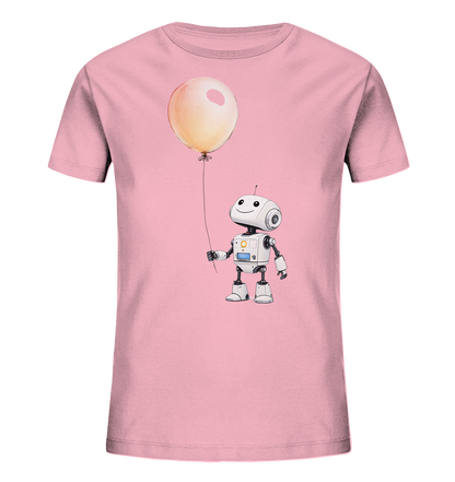 Onlineshop Shirts für Kinder - Das Bild zeigt ein kurzärmeliges T-Shirt für Kinder in einem zarten Rosaton. Auf der Vorderseite ist eine niedliche Illustration eines kleinen weißen Roboters abgebildet, der freundlich lächelt und einen großen, hellorangen Ballon an einer Schnur hält. Der Roboter hat runde Augen, Antennen auf dem Kopf und ein Display auf der Brust. Das Design wirkt verspielt und ansprechend.