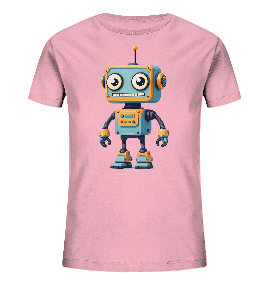 Onlineshop Shirts für Kinder - Das Bild präsentiert ein rosa Kinder-T-Shirt, das flach auf einem schwarzen Hintergrund liegt. Auf der Vorderseite des Shirts befindet sich eine detailreiche Illustration eines cartoonhaften Roboters. Der Roboter ist überwiegend blau und orange/gelb gestaltet, mit großen, runden Augen, einem lächelnden Mund und einer Antenne auf dem Kopf. Das farbenfrohe und freundliche Design verleiht dem T-Shirt einen verspielten Charakter, der für Kinder ansprechend ist.