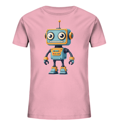 Onlineshop Shirts für Kinder - Das Bild präsentiert ein rosa Kinder-T-Shirt, das flach auf einem schwarzen Hintergrund liegt. Auf der Vorderseite des Shirts befindet sich eine detailreiche Illustration eines cartoonhaften Roboters. Der Roboter ist überwiegend blau und orange/gelb gestaltet, mit großen, runden Augen, einem lächelnden Mund und einer Antenne auf dem Kopf. Das farbenfrohe und freundliche Design verleiht dem T-Shirt einen verspielten Charakter, der für Kinder ansprechend ist.