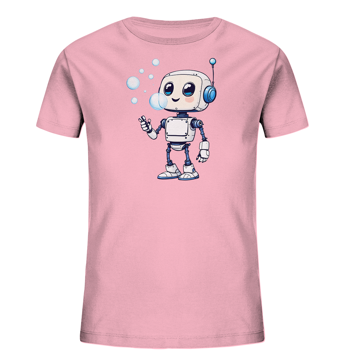 Onlineshop Shirts für Kinder - Das Bild präsentiert ein pinkfarbenes T-Shirt für Kinder. Auf der Vorderseite des Shirts ist eine detailreiche Illustration eines freundlichen Roboters zu sehen. Der Roboter in Weiß mit blauen Akzenten lächelt und bläst mit einer Hand mehrere transparente Seifenblasen. Das Design ist im Cartoon-Stil gehalten und verleiht dem T-Shirt eine verspielte und heitere Ausstrahlung, ideal für junge Roboter-Fans.