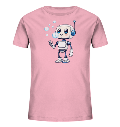 Onlineshop Shirts für Kinder - Das Bild präsentiert ein pinkfarbenes T-Shirt für Kinder. Auf der Vorderseite des Shirts ist eine detailreiche Illustration eines freundlichen Roboters zu sehen. Der Roboter in Weiß mit blauen Akzenten lächelt und bläst mit einer Hand mehrere transparente Seifenblasen. Das Design ist im Cartoon-Stil gehalten und verleiht dem T-Shirt eine verspielte und heitere Ausstrahlung, ideal für junge Roboter-Fans.