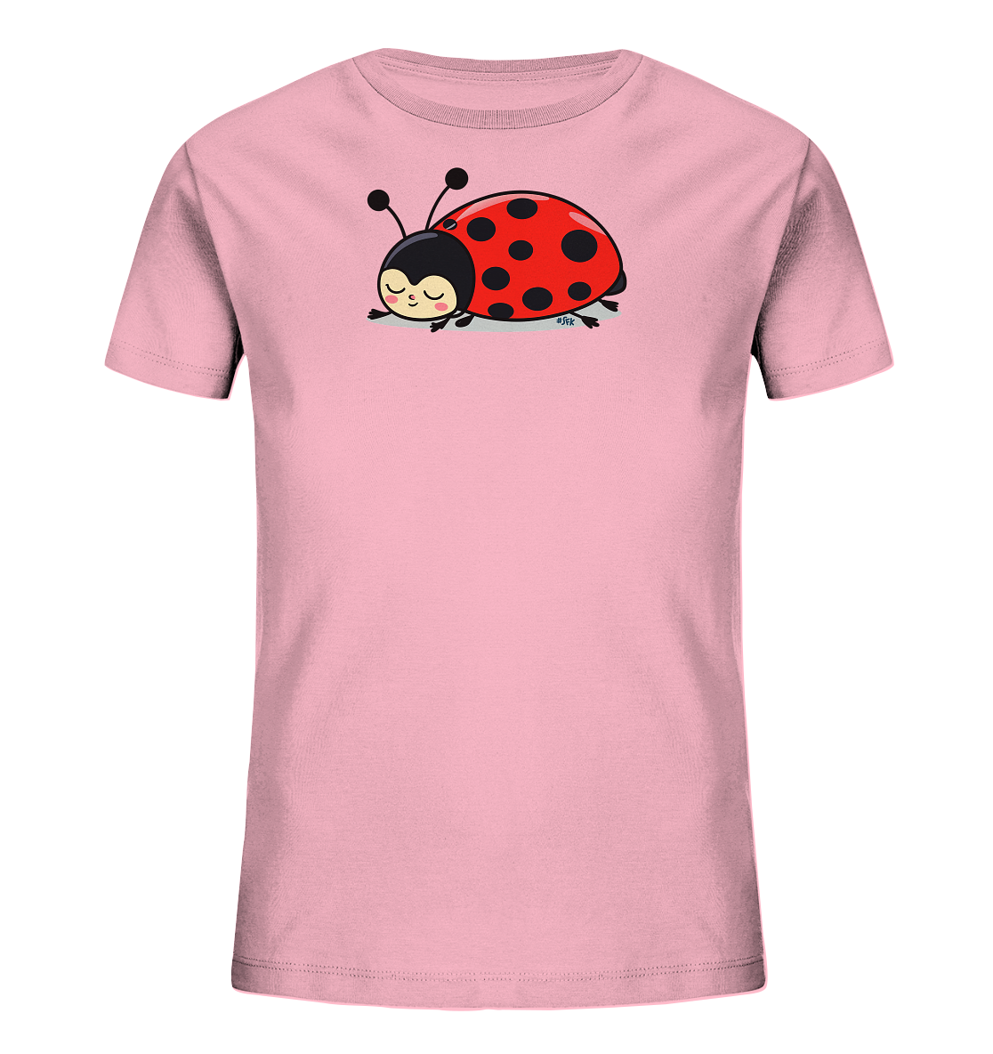 Onlineshop Shirts fuer Kinder - Das Bild zeigt ein hellrosa Kinder-T-Shirt. Auf der Vorderseite befindet sich eine reizende Illustration eines roten Marienkaefers mit schwarzen Punkten, der schlafend oder ruhend dargestellt ist. Der Marienkaefer hat einen schwarzen Kopf, Fuehler und geschlossene, zufriedene Augen. Dieses Design verleiht dem Shirt einen ruhigen und suessen Charakter.