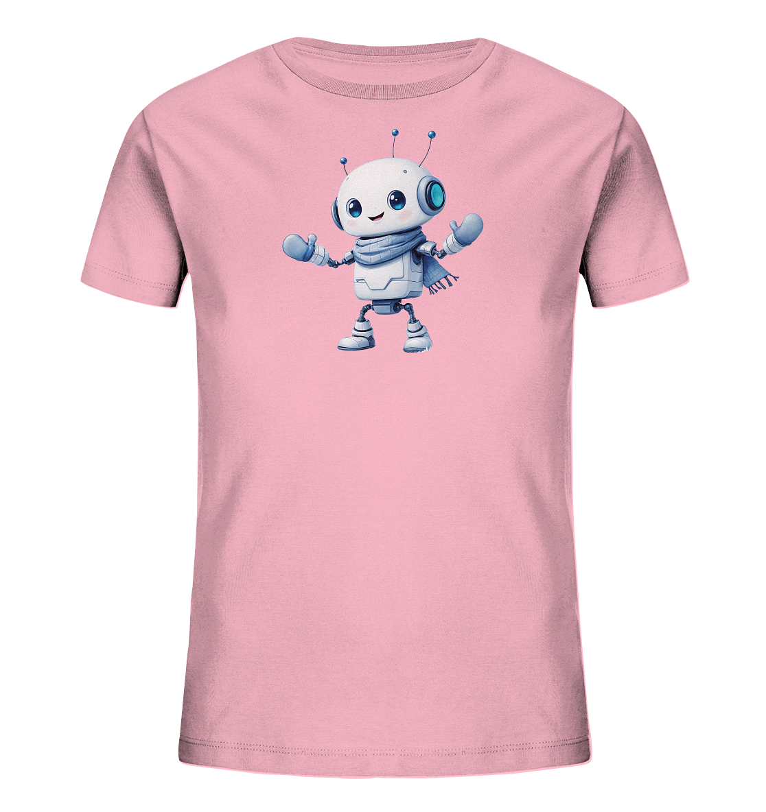 Onlineshop Shirts für Kinder - Das Bild zeigt ein pinkfarbenes T-Shirt für Kinder, das flach vor einem schwarzen Hintergrund liegt. Auf der Vorderseite ist eine detaillierte und freundliche Illustration eines kleinen, weißen Roboters abgebildet. Der Roboter hat große, blaue Augen, zwei Antennen, trägt einen blauen Schal und passende blaue Handschuhe. Er steht mit leicht geöffneten Armen da und hat einen lächelnden Ausdruck, was dem Design eine spielerische und einladende Ausstrahlung verleiht.