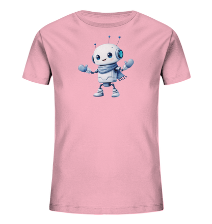Onlineshop Shirts für Kinder - Das Bild zeigt ein pinkfarbenes T-Shirt für Kinder, das flach vor einem schwarzen Hintergrund liegt. Auf der Vorderseite ist eine detaillierte und freundliche Illustration eines kleinen, weißen Roboters abgebildet. Der Roboter hat große, blaue Augen, zwei Antennen, trägt einen blauen Schal und passende blaue Handschuhe. Er steht mit leicht geöffneten Armen da und hat einen lächelnden Ausdruck, was dem Design eine spielerische und einladende Ausstrahlung verleiht.
