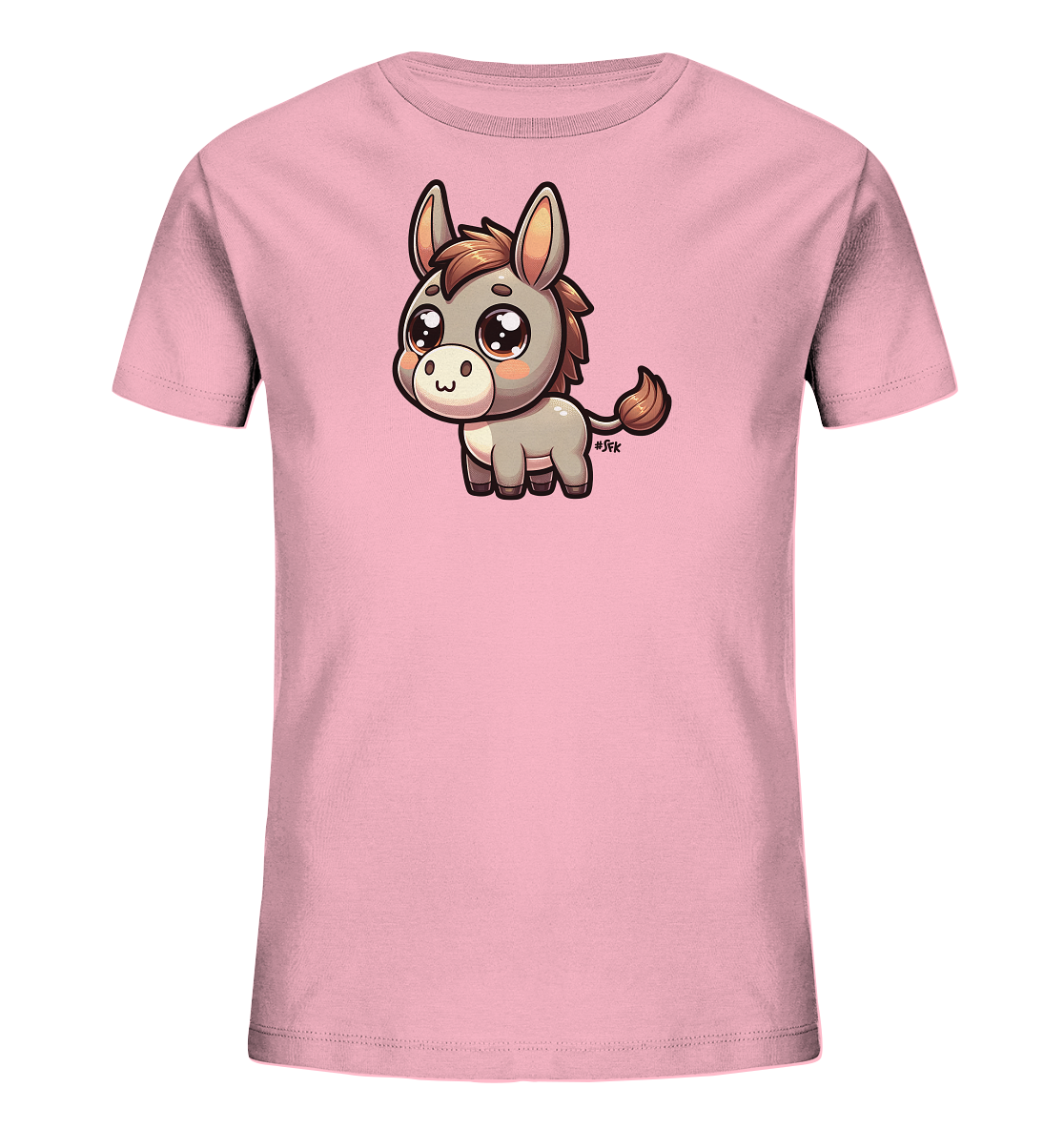 Onlineshop Shirts fuer Kinder - Dieses hellrosa T-Shirt fuer Kinder zeigt eine entzueckende Illustration eines kleinen Esels. Der Esel ist im niedlichen Cartoon-Stil mit grossen Augen und freundlichem Ausdruck gestaltet. Das Motiv befindet sich zentral auf der Vorderseite des Shirts.