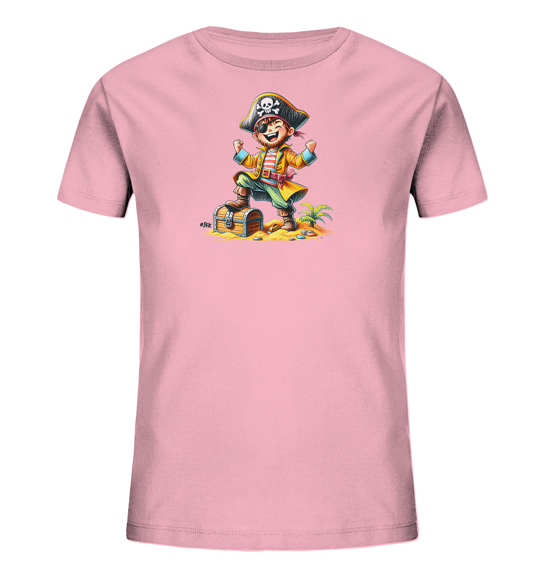 Onlineshop Shirts fuer Kinder - Das Bild zeigt ein rosafarbenes Kinder-T-Shirt mit einem froehlichen Piratenmotiv auf der Vorderseite. Der cartoonhafte Pirat steht lachend und jubelnd auf einer geoeffneten Schatzkiste. Die Illustration zeigt eine Strandszene mit Sand und einer kleinen Palme im Hintergrund. Dieses verspielte Design ist ideal fuer kleine Abenteurer.