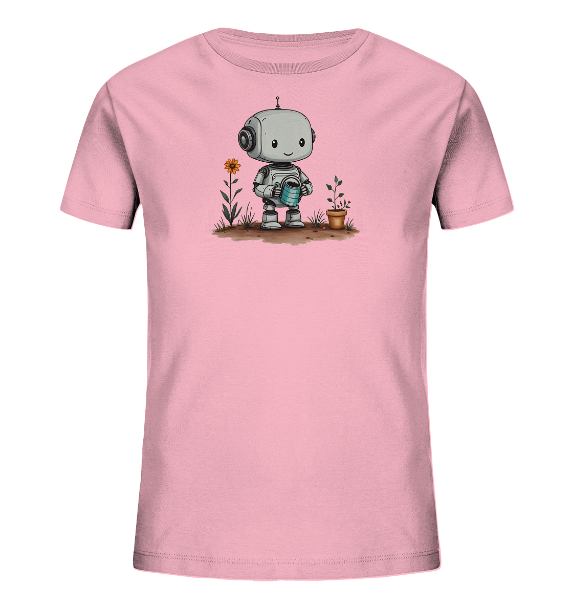 Onlineshop Shirts für Kinder - Das Bild zeigt ein rosa T-Shirt für Kinder mit einem niedlichen Aufdruck auf der Vorderseite. Der Aufdruck zeigt einen freundlichen, grauen Roboter, der eine blaue Gießkanne hält. Neben dem Roboter wachsen eine orangefarbene Blume und eine kleine Pflanze in einem Topf, was die Szene eines Roboters beim Gärtnern darstellt. Dieses Design verleiht dem Shirt einen verspielten und naturverbundenen Touch, der Kinder ansprechen dürfte.